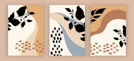 Set of modern floral abstract background in minimalistic background on pastel backgroundの写真素材