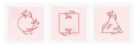 Cute postcard set with linear geometric shapes and flowers on pink backgroundのイラスト素材