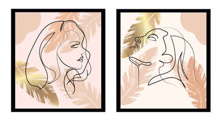 Set with linear female faces on colorful backgroundのイラスト素材
