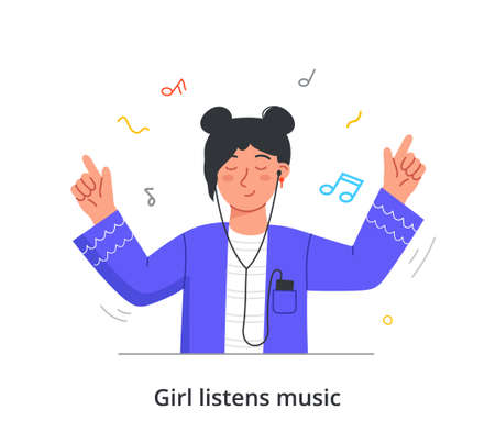 Cute female character is listening to music in headphones with eyes closed on white backgroundのイラスト素材