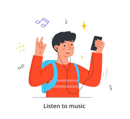 Young happy male character is listening to music on smartphone in headphones on white backgroundのイラスト素材