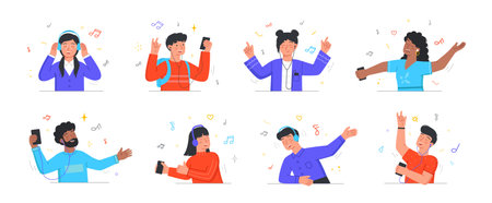 Set with male and female characters enjoing listening to music on white backgroundのイラスト素材