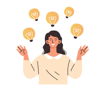 Smiling female characters is catching new creative ideas with lightbulbs on white backgroundのイラスト素材