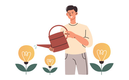 Cheerful male characters is watering lightbulb plants for new ideas on white backgroundのイラスト素材