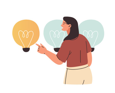 Smiling female character is trying to use lightbulbs for ideas search on white backgroundのイラスト素材