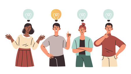 Group of young male and female characters are standing with lightbulbs above their head on white backgroundのイラスト素材