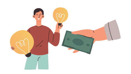 Smiling male characters is getting money from sellings lightbulbs on white backgroundのイラスト素材