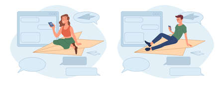 Young male and female characters are sitting on paper plane and sending messages in mobile applicationのイラスト素材