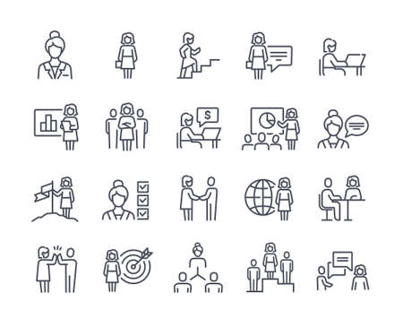 Set of businesswoman related linear icons on white backgroundのイラスト素材