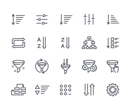 Set of sorting and filtering related linear icons on white backgroundのイラスト素材
