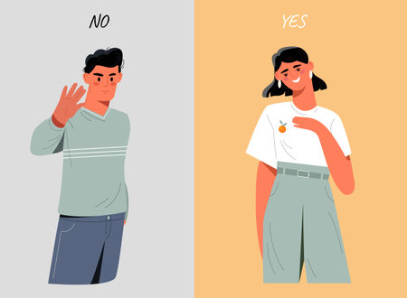 Set with young male and female characters standing and showing positive and negative emotionsのイラスト素材