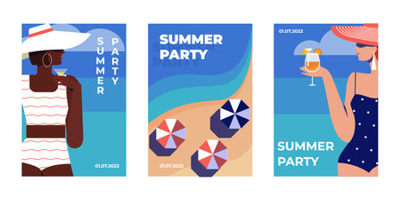 Set of colorful summer party posters with female silhouette on the beachのイラスト素材