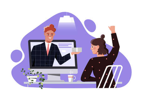 Male character from a monitor holds out a wad of money to a happy womanのイラスト素材