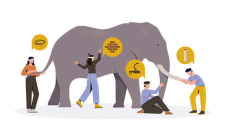 Four blindfolded male and female characters touching an elephant on white backgroundのイラスト素材