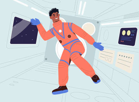 Happy weightless male astronaut is floating inside spaceship cabinのイラスト素材
