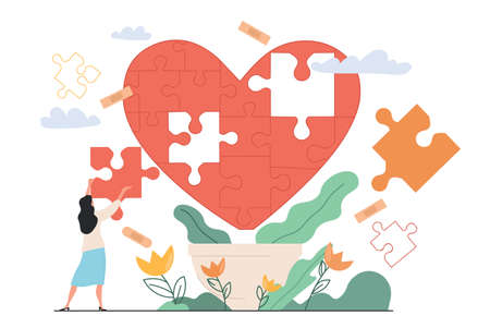 Heart healing therapy after emotional and painful marriage divorce as missing jigsaw puzzle piecesのイラスト素材
