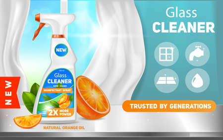 Glass cleaner ad on table and clean transparent window on the backgroundのイラスト素材