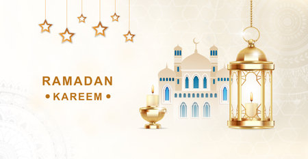 Cute ramadan kareem banner with mosque and lantern on light pastel backgroundのイラスト素材