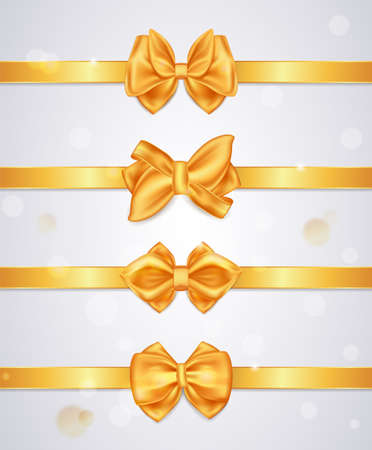 Set of decorative golden bows with horizontal yellow ribbon on white backgroundのイラスト素材