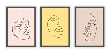 Set with one line female faces on colorful backgroundの写真素材