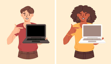 Man and woman pointing finger at laptopのイラスト素材