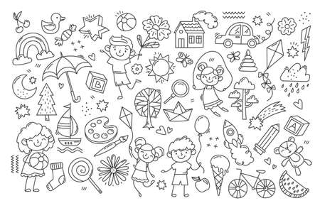 Black and white childs drawingのイラスト素材