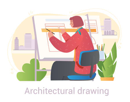 Woman draws blueprintのイラスト素材