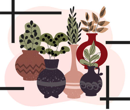 Set of vases, pots with plants on light pink and white backgroundのイラスト素材