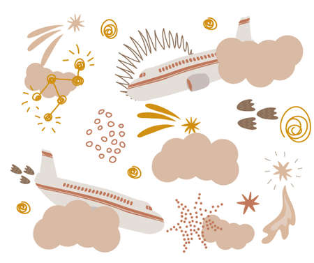 Hand-drawn seamless repeating children pattern with aircraft and clouds in minimalistic style on white backgroundのイラスト素材