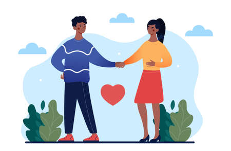 Young attractive couple is holding hands while on a date outdoors in the eveningのイラスト素材