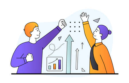 Young male and female characters are holding hands in the air to top of growing bar graph on white backgroundのイラスト素材