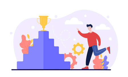 Young male character is trying to climb career ladder as up direction for work rise achievementのイラスト素材