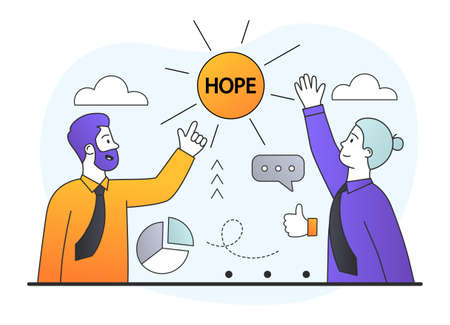 Male and female characters are rasing hands up in the air towards hope on white backgroundのイラスト素材
