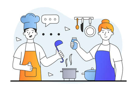 Cheerful male and female characters are cooking soup or salad together at the kitchenのイラスト素材