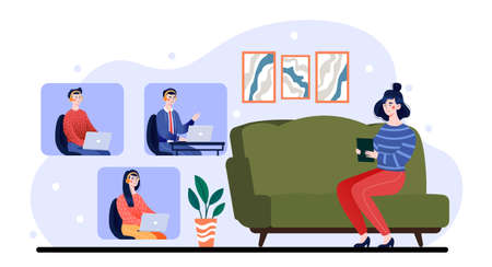 Smiling male and female characters are attending video call on white backgroundのイラスト素材