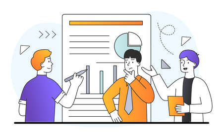 Three male characters are analyzing diagram charts together on white backgroundのイラスト素材
