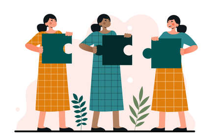 Young female coworkers assembling jigsaw puzzle parts together on white backgroundのイラスト素材