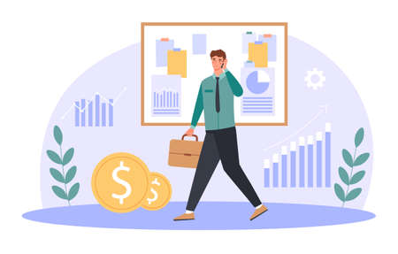 Young cheerful businessman with briefcase is talking on the phone on white backgroundのイラスト素材