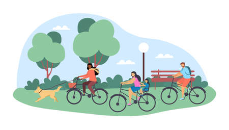 Cute happy family cycling together in the city park with a dog on white backgroundのイラスト素材