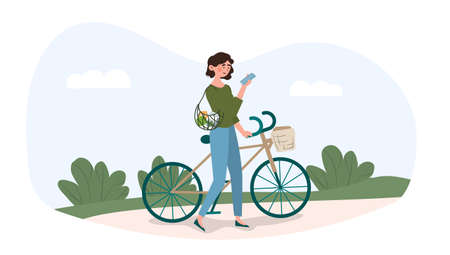Woman riding bicycle with basketのイラスト素材