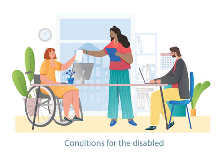 Woman in wheelchair at workplaceのイラスト素材