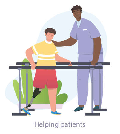 Doctor helping boy with prosthesisのイラスト素材