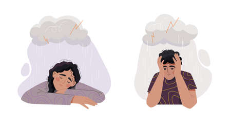 Sad man and woman under rainのイラスト素材