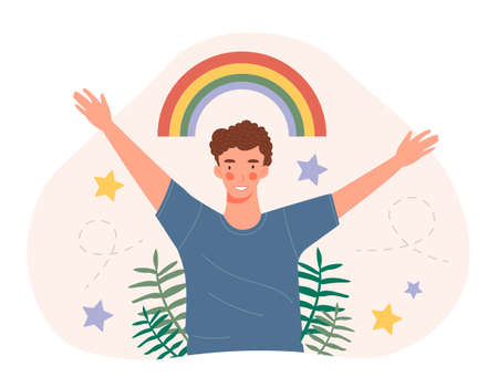 Happy man holding rainbowのイラスト素材