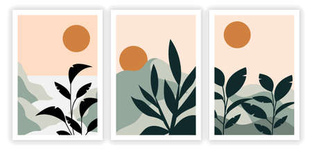 Collection of posters with mountain landscapeの写真素材