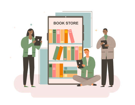 Online Mobile Library conceptのイラスト素材