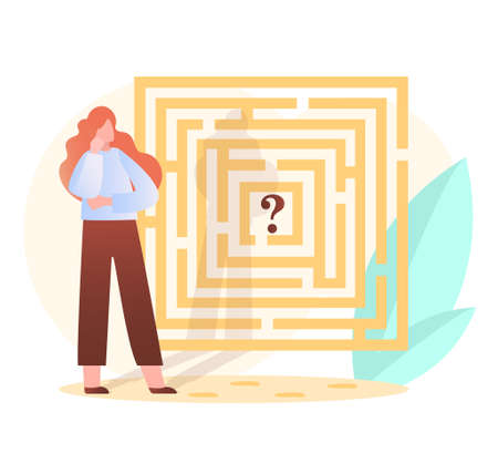 Woman looking for way out of mazeのイラスト素材