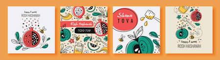 Set with cute colorful rosh hashanah celebration postcardsのイラスト素材