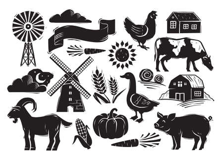 Woodcut style farm set with country elements on white backgroundのイラスト素材