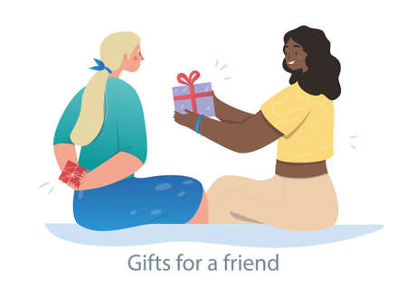 Smiling woman is surprising her best friend with a small presentのイラスト素材